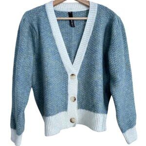Design Lab Blue and White Knit Button Up Cardigan Sweater M